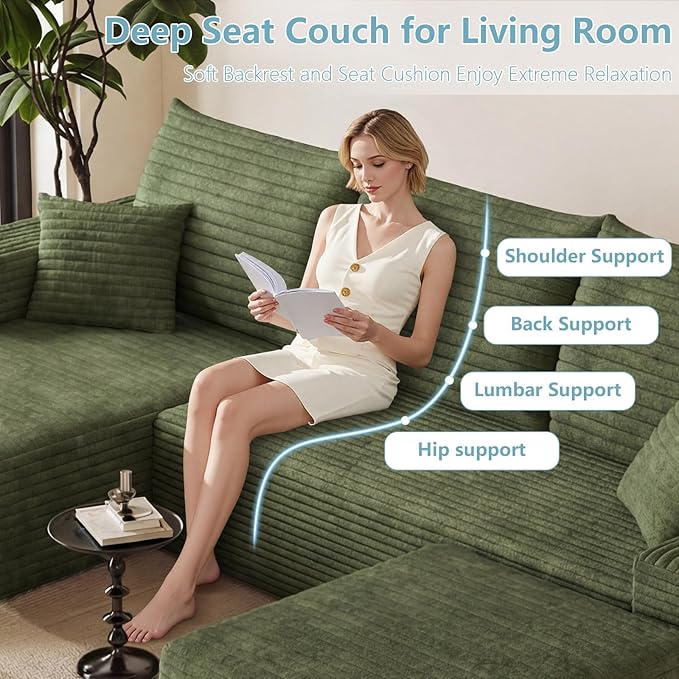 95" Cloud Sectional Couch with Ottoman,Modern U-Shaped Cloud Couch with Deep Seat,Comfy Corduroy 3-Seater Sofa,Memory Foam Sofa for Living Room,No Assembly (Green,Left-Facing Chaise)