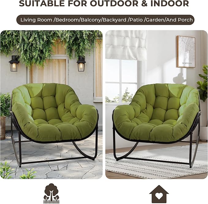 Sgentle Papasan Rocking Chair Outdoor, Oversized Patio Rocking Chair with Cushions & Steel Frame, Wicker Egg Lounge Chair Indoor, Comfy Reading Chair for Patio, Deck, Porch (Green, Style 1)