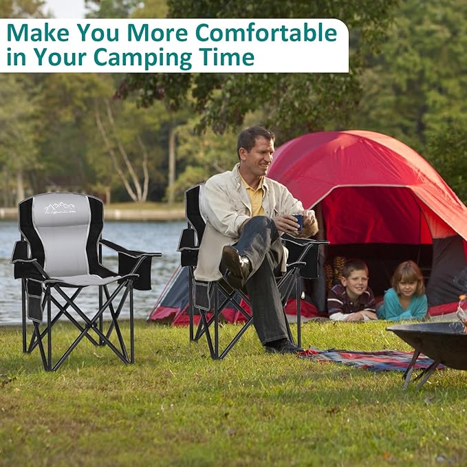 SAILARY Camping Chair Heavy Duty High Back Folding Chair with Cup Holder, 450lbs Capacity, Padded Seat, Cooler Bag & Storage Pocket, Portable for Outdoor, Beach, Fishing, Sports, Black