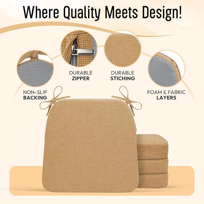 D-Shaped Indoor Chair Cushions 17" x 16" for Kitchen & Dining Chairs – 2'' Thick Seat Pads with Ties & Non-Slip Backing, High-Density Foam, Machine-Washable Covers, Set of 4 with Chair Leg Pads, Khaki
