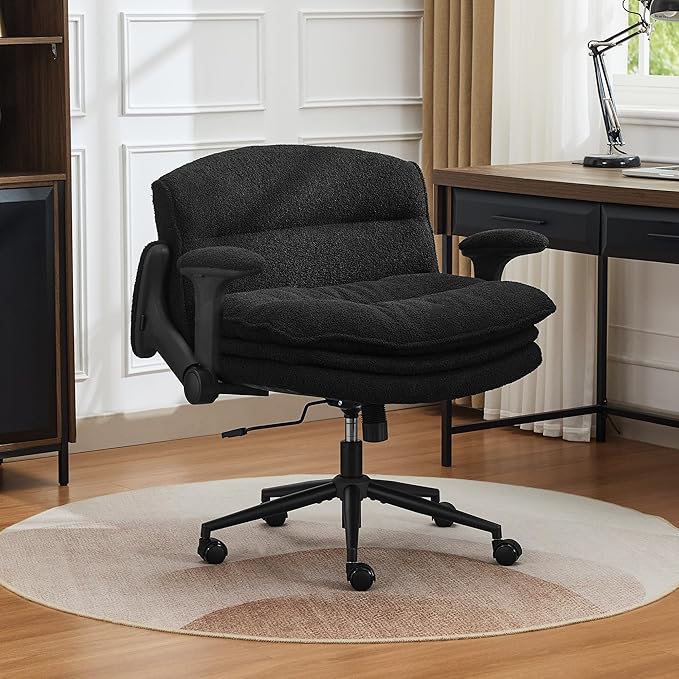 Criss Cross Chair with Flip-up Arms, Wide Criss Legged Chair with 3 Layer Cushion, Ergonomic Office Desk Chair with Wheels, Swivel Vanity Chair for Office, Living Room, Bedroom, Boucle Black