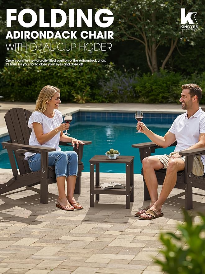 KINGYES Folding Adirondack Chair Set of 2, Dual Cup Holders & All-Weather HDPE, Wood-Like Patio Chair for Backyard, Camping, Pool & Fire Pit, Coffee