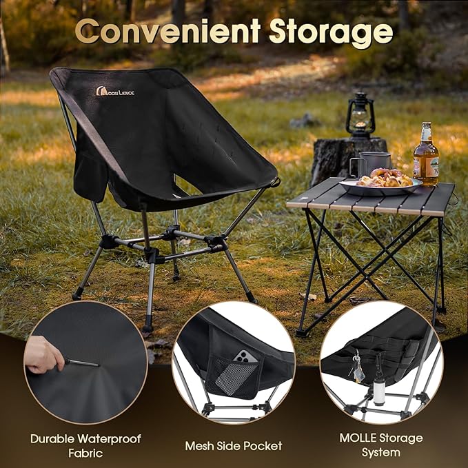 MOON LENCE Portable Camping Chair Plus, Upgraded Comfort & Size, Compact and Lightweight Still, Folding Chair for Backpacking & Hiking, 330Lbs Capacity (Black 2 Pack)