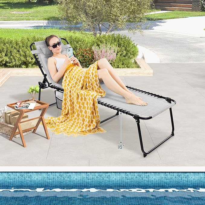 Goplus Chaise Lounge Chair Outdoor, Folding 5-Postion Beach Lounge Chair with Detachable Pillow, Side Pocket, Sunbathing Lounge Chair, Adjustable Tanning Chair for Patio Lawn Pool Yard