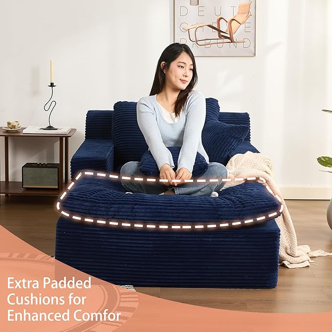 63" Oversized Boneless Chaise Lounge Chair, Extra Cloud Layer, Convertible Sleeper Sofa Couch with Removable Pillows & Side Pockets, Corduroy Upholstered Sofa Bed with Armrests for Living Room, Blue