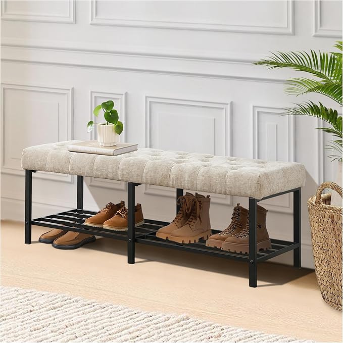 SOFTHION 55.5" End of Bed Bench, Modern Chenille Button Tufted Bedroom Bench, Upholstered Storage Shoe Bench with Metal Base, Dinning Table Bench for Living Room, Bedroom, Entryway, Light Brown