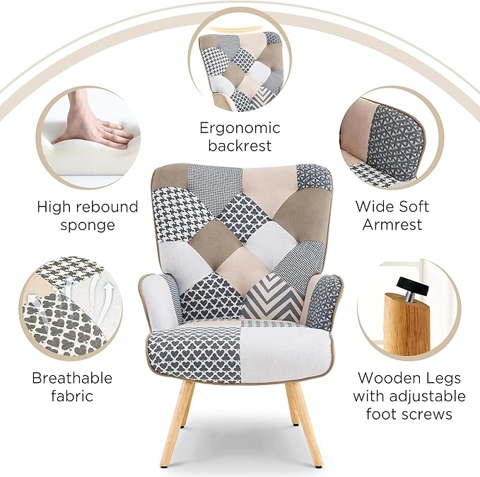 Accent Chair, Living Room Chair, Modern High Back Armchair, Colorful Patchwork Reading Chairs for Bedroom, Lounge Chair with Linen Fabric Shell and Solid Wood Feets (2, Gray)