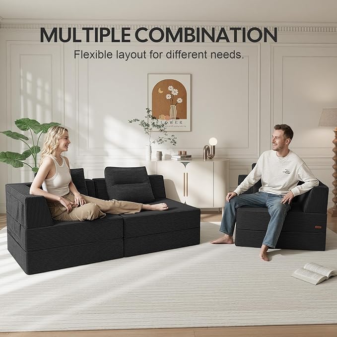 COMAX Futon Sofa Bed 3 Seater, 106" Convertible Sofa Bed Couches for Living Room, 4 in 1 Folding Boneless Sleeper Corduroy Couch Foam in a Box, Comfy Foldable Lounge Fold Out Floor Mattress, Black