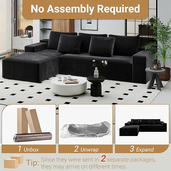 KAPEETOO Modular Sectional Sofa Cloud Couch with Chaise Longue, Left L Shaped Boneless Couch with Deep Seat, Oversize 3-Seater Sofa L Shaped Set for Living Room Bedroom (Black)