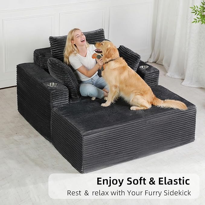 54"W Oversized Chaise Lounge Chair Indoor, Boneless Chaise Lounge Couch, Convertible Comfy Reading Chairs, Compression Sofa with Ottoman, Corduroy Sleeper Couch Chair for Living Room, Dark Grey