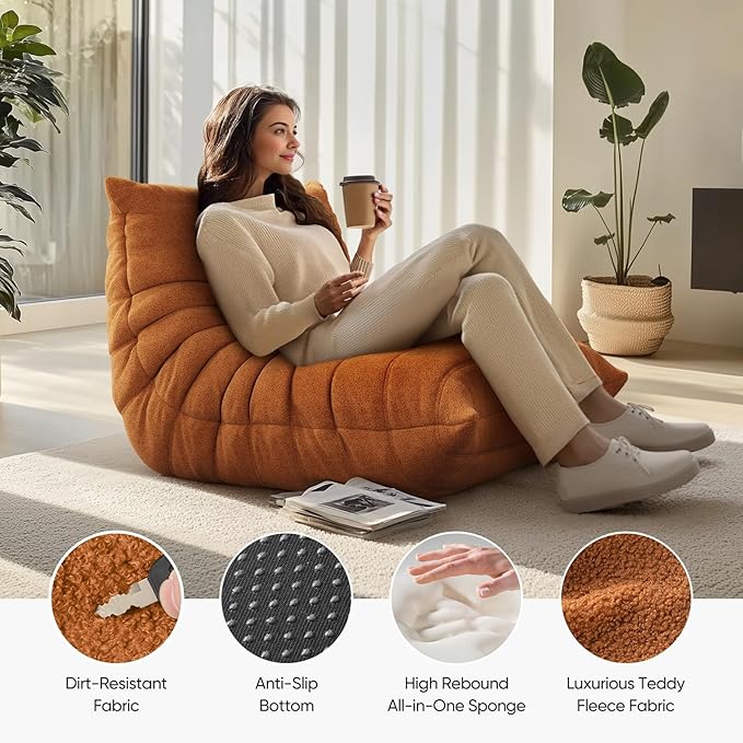 cebihy Premium Quality Fireside Togo Sofa Bean Bags Chair for Adults Giant BeanBag Chairs Floor Couch for Living Room Bedroom Dorm Office, Compression Togo Couch, No Assembly Required, Orange