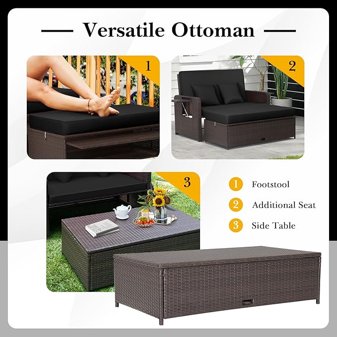 RELAX4LIFE Wicker Patio Outdoor Daybed - Rattan Day Bed Lounger with Loveseat & Storage Ottoman, Sunbed Sofa Set w/Cushions, 4-Level Adjustable Backrest & 2 Retractable Trays, Patio Daybed (Black)