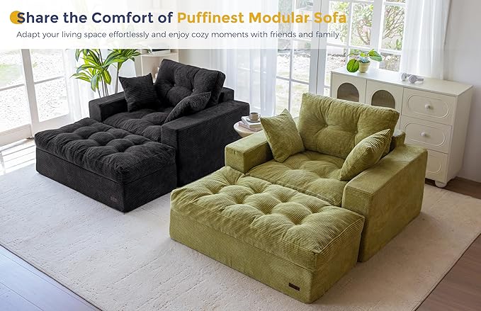 MAXYOYO Oversized Chaise Lounge Sofa, Upholstered Lounge Chair with 3 Pillows, Tufted Boneless Sofa Couch with Ottoman, Deep Seat Sleeper Chair for Living Room, Bedroom, No Assembly, Green