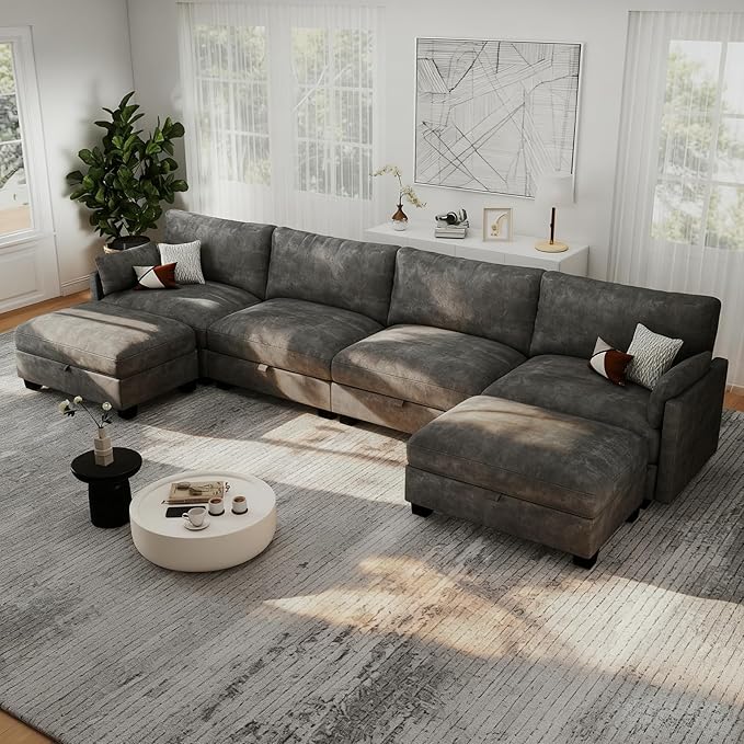 Modular Sectional U Shaped Sofa Couches for Living Room, Cloud Couch with Storage Ottoman, Comfy Chenille Sofa with Pillow, Dark Gray