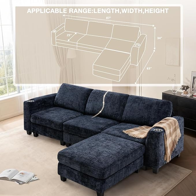 Lesofair 87" Convertible L-Shape Couch with Flexible Ottoman, Soft Sectional Sofa with 2 Built-in Cup Holders, Chenille 3 Seats Sofa with Well-Filled Back Cushions for Living Room, House, Blue