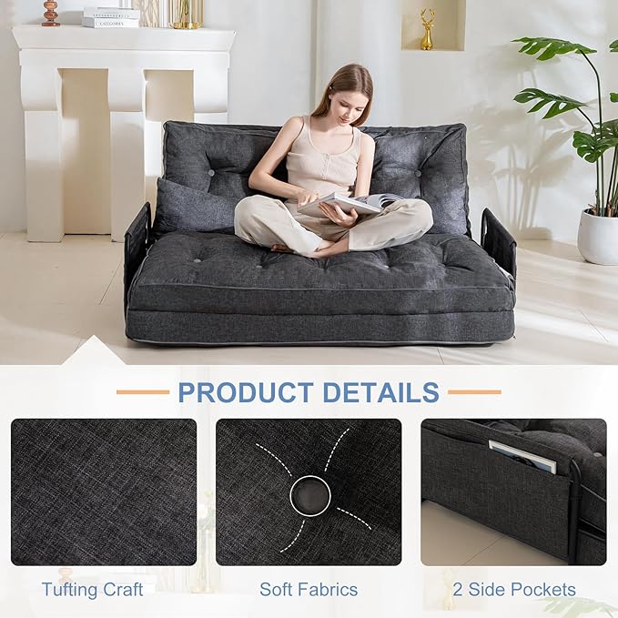 YOSHOOT Adjustable Lazy Floor Sofa, Folding Couch Bed with 5 Positions Adjustable Backrest, Convertible Bean Bag Sofa Bed Couch Foldable Sleeper Chair with Pillow for Reading Gaming（Grey, Full）