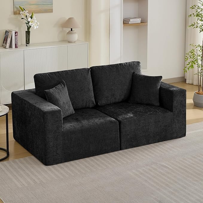 83'' Boneless Loveseat Sofa, Comfy Deep Seat Sectional Cloud Couch, No Assembly Chenille Love Seat for Living Room, Black