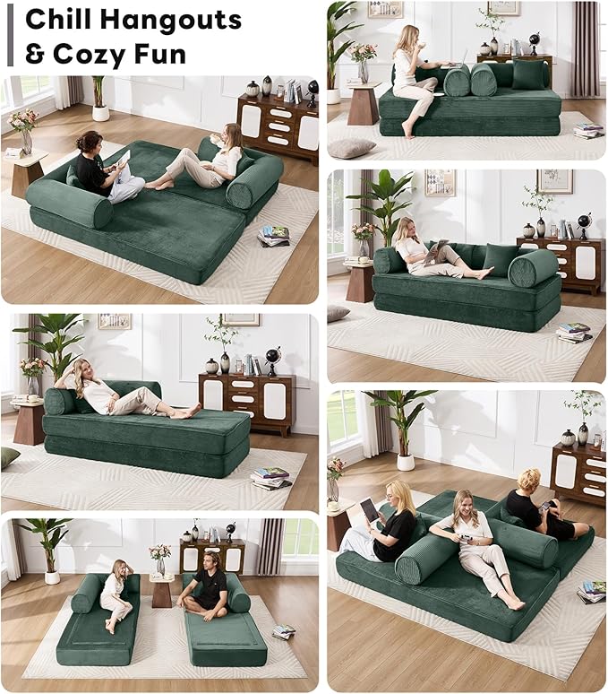 Tbfit 79'' Convertible Sofa Bed, Oversized Corduroy Folding Boneless Couch, Futon Mattress Sleeper Sofa, Comfy Foldable Upholstered Floor Couches for Living Room, Dark Green