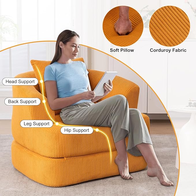 41" Convertible Sleeper Chair, Convertible Couch Bed with Backrest and Pillow, Corduroy Oversized Armchair for Adults, Comfy Sleeper Chair Bed for Living Room, Bedroom, Home Office, Yellow