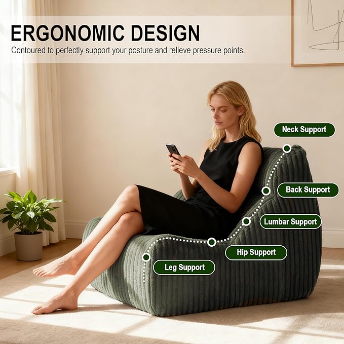 Bean Bag Chairs, Giant Bean Bag Chair for Adults, Memory Foam Lounge Chair, Comfy Lazy Floor Chair, Bean Bag Sofa for Living Room, Bedroom and Office, Single Bean Bag (Dark Green)