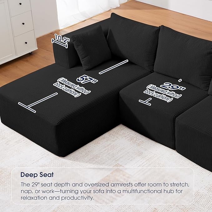 KINGYES 135'' Modular Sectional U Shaped Sofa, Upholstered Corduroy Boneless Couch Cloud Couch for Living Room, Black