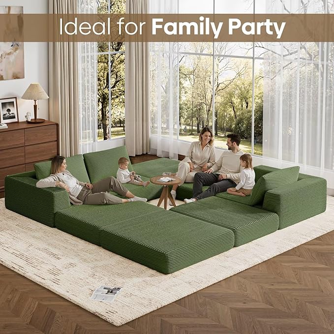 L-Shaped Corduroy Modular Sectional Couch, Modern Floor Couch Sofa for Apartment Living Room, Convertible Sleeper Sofa Bed with 3 Pillows, No Assembly Required, Green