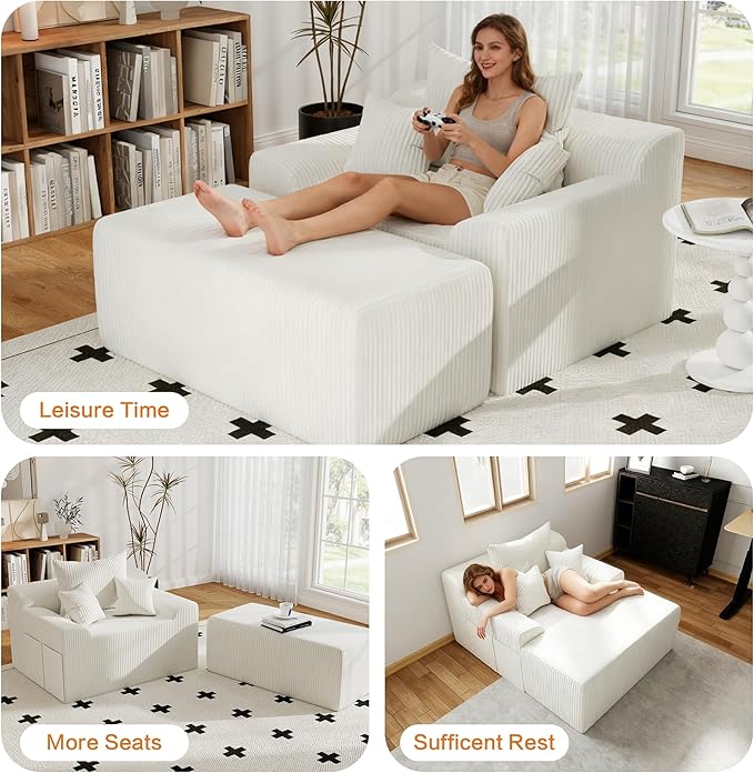 LSSBOUGHT 60'' Chaise Lounge Chair Indoor, Oversized Upholstered Sofa Bed, Sleeper Couch Reading Chairs Plush Corduroy Fabric Sofas Couches for Living Room (Beige)
