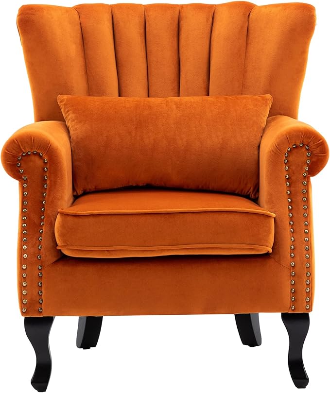 chairus Mid-Century Modern Accent Chair, Comfy Single Sofa Chair Channel Back Armchair with Small Pillow for Living Roon Bedroom Club - Velvet, Orange