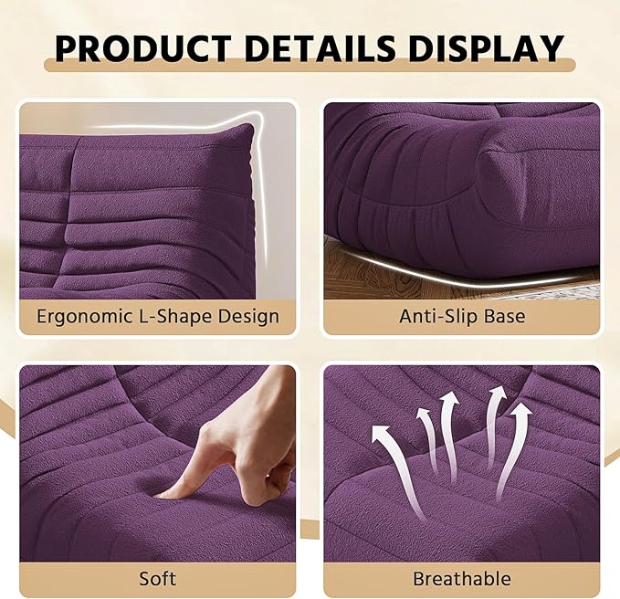 Bean Bag Chair, Fireside Chair, Large Bean Bag Chair for Adults, Bean Bag Chairs for Teens with High-Resilience Foam, Non-Slip Base Floor Lounge Sofa,Living Room (Purple, Loveseat)