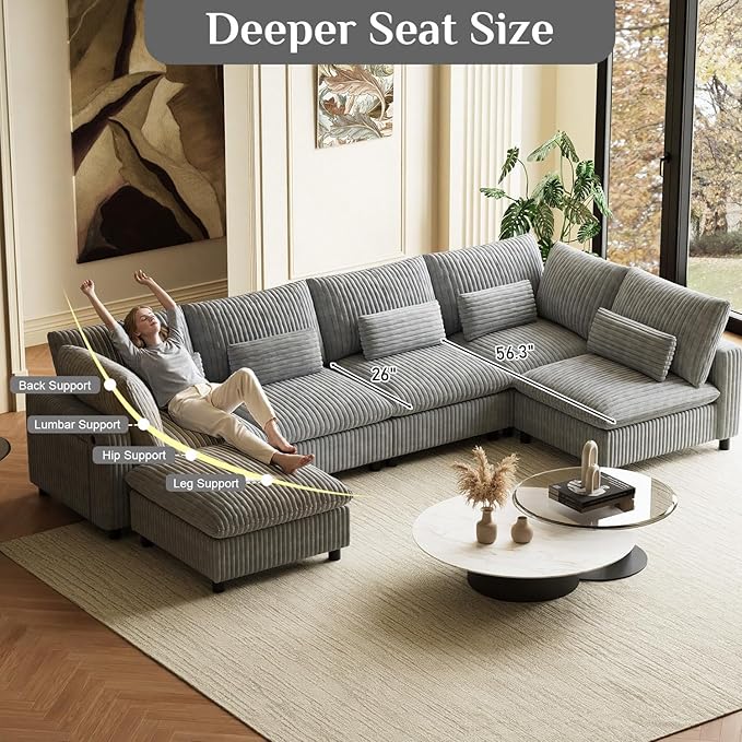 130" W x 67" D U Shape Sectional Sofa with USB Charging & Cup Holder & Storage, 6 Seater Plush Corduroy Couches with Movable Ottoman, Cloud Couch Sofas for Living Room, DIY Combination - Grey