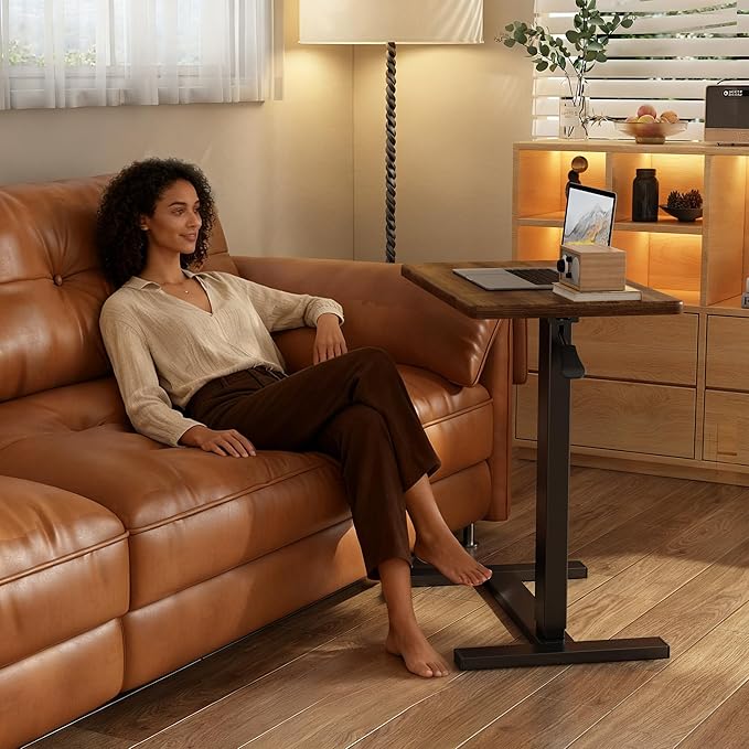 Overbed Bedside Table with Wheels Adjustable Hospital & Home Use Bed Table Rolling Movable Laptop Mobile Standing Desk Pneumatic Computer Cart Waterproof L-Shaped Steel Base Tray Tables,Brown