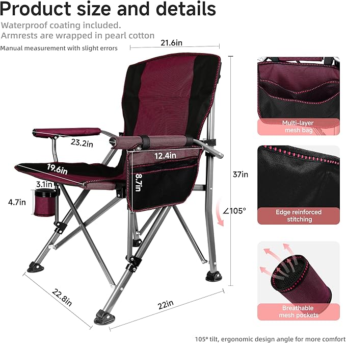 Folding Camping Chair with Cup Holder and Storage Bag, Heavy Duty Support 400 LBS, Oversized Collapsible Portable Camping Chair for Outdoor Camp, Picnic, Travel, Fishing Rose Red