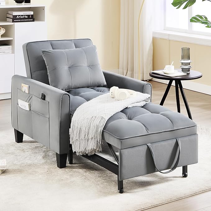 choairy Convertible Sleeper Chair, 3 in 1 Sleeper Chair Bed Pull Out Sofa Bed Chairs, Velvet Single Sofa Beds with Adjustable Backrest for Adults Reading Living Room, Bedroom, Dark Grey