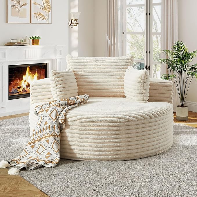 55"W Oversized Round Chair Lounge Chaise Indoor, Upholstered Comfy Circle Sofa Armchair, Modern Cozy Boneless Foam Floor Reading Chair for Living Room, Bedroom, No Assembly Required(Corduroy, Beige)