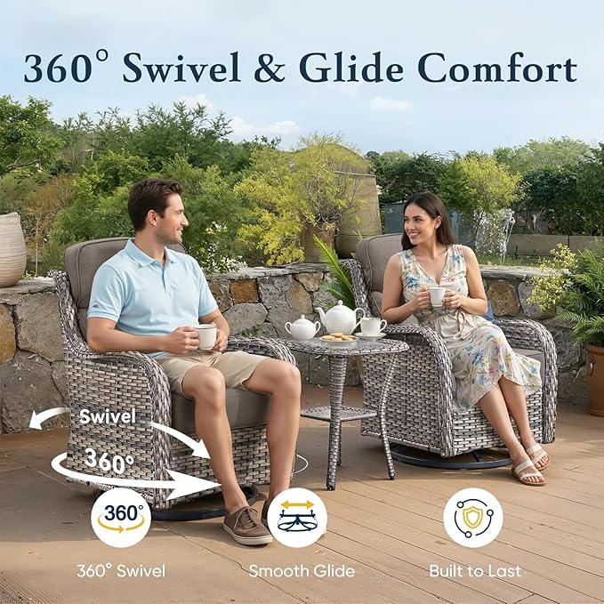Belord Luxury 6" Thick Cushioned Outdoor Swivel Rocker Patio Chairs Set of 4 with Side Table, High Back Wicker Furniture Set with Ergonomic Zone Back, Conversation Set for Deck Porch - Grey+Grey