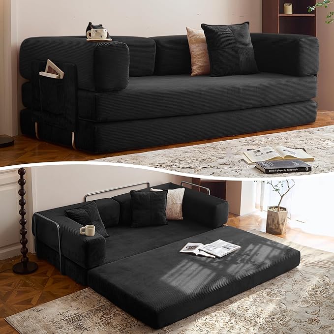 LIAROO 78.8" Convertible Sofa Bed - Compression Sofa with Corduroy Fabric - with Armrests and Backrest - Modular Sectional for Living Room, Bedroom, Studio - Compression Sofa in Box (Black)