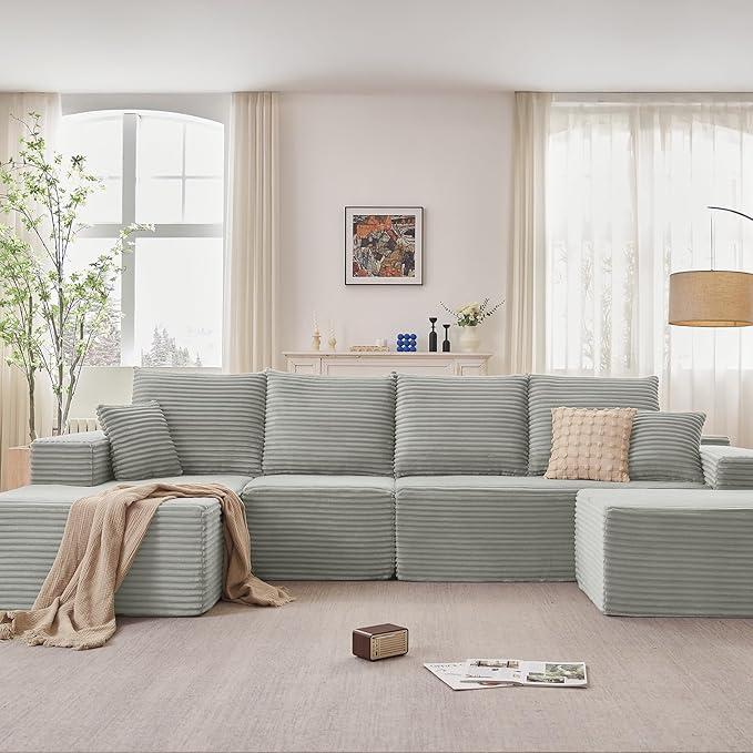 135.4" Cloud Sectional Couch with Ottoman,Modern U-Shaped Cloud Couch with Deep Seat,Comfy Corduroy 4-Seater Sofa,Memory Foam Sofa for Living Room,No Assembly (Gray,Left-Facing Chaise)