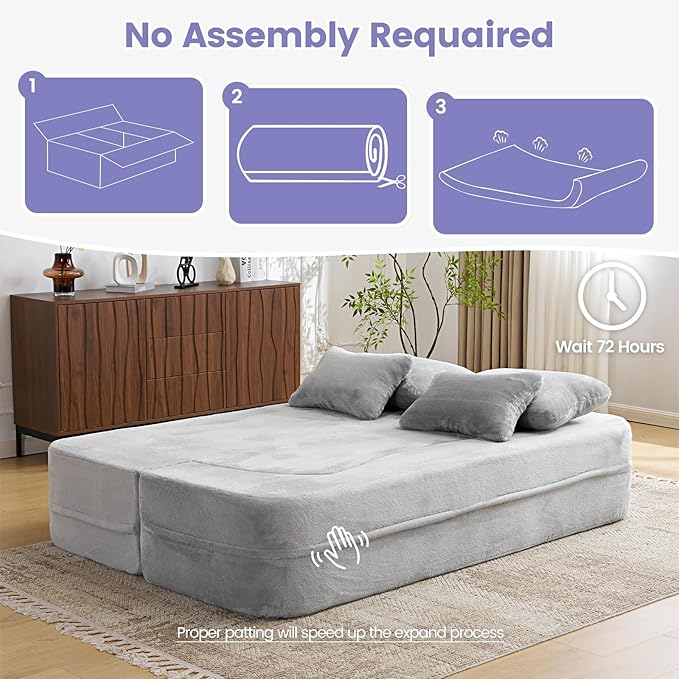 Orynveela Convertible Folding Sofa Bed, 78” Full Size Floor Sleeper Couch, Chenille Full Foam Curved Back Futon Loveseat for Living Room Bedroom, No Assembly (Beige White)