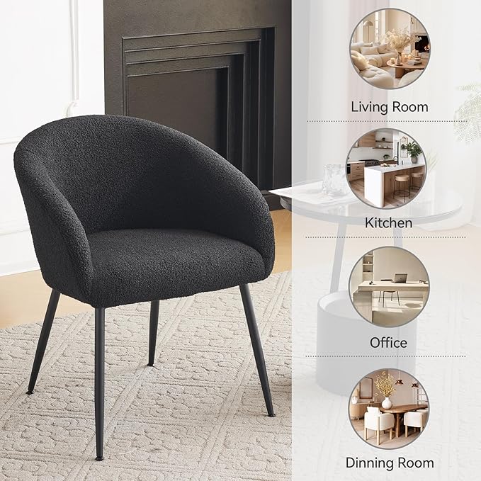 Modern Small Accent Chair, Comfy Sherpa Makeup Vanity Chair with Metal Legs, Decorative Chair no Wheels for Living Room, Dressing Room, Bedroom, Black