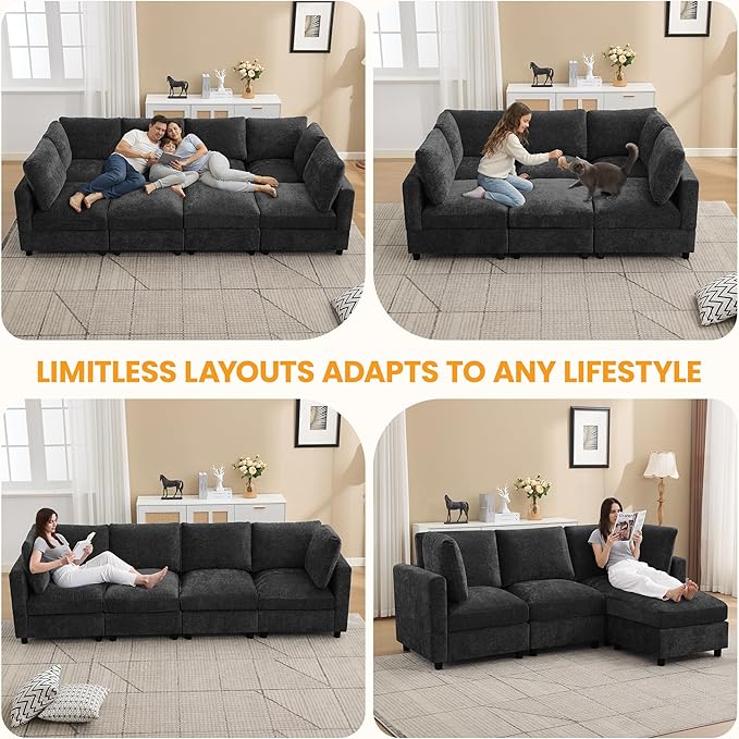 89'' Modular Sectional Cloud Sofa Bed, 6-Seater Convertible Sofa Couch with Ottoman, Modern Deep Seat Sleeper Sofa for Living Room, Chenille Dark Grey