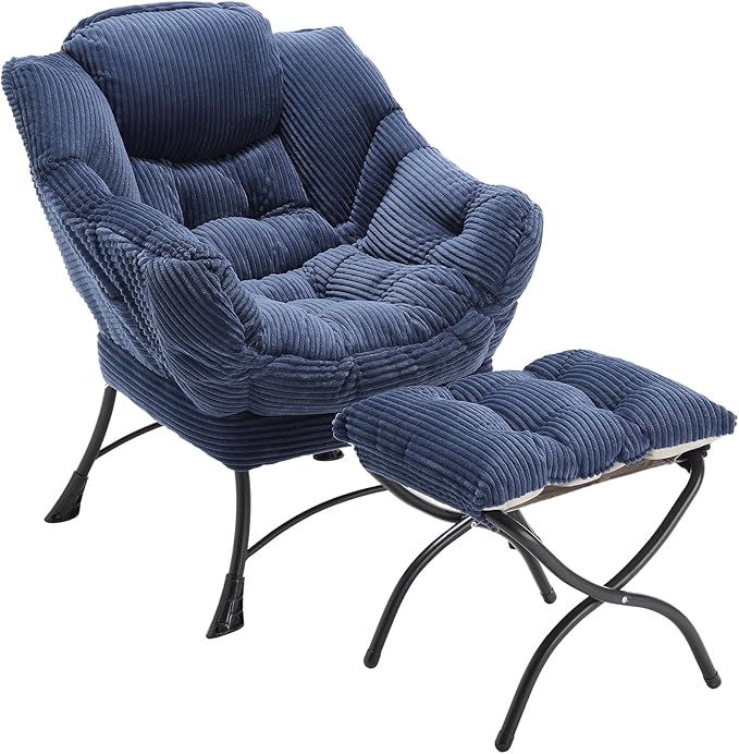KEIKI Accent Chair with Storage & Ottoman, Flannelette Reading Corner Lazy Chairs w/Steel Frame, Comfy Lounge Arm Chair W/Footrest, Leisure Sofa Armchair for Living Room, Easy Assembly, Navy Blue