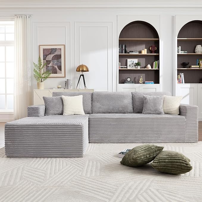 Opiesit 108" Boneless Couches for Living Room, Modular Sectional Sofa with Oversized Chaise, L-Shape Cloud Couch with Deep Seat, High-Density Memory Foam, No Assembly Required, Plush Corduroy Grey