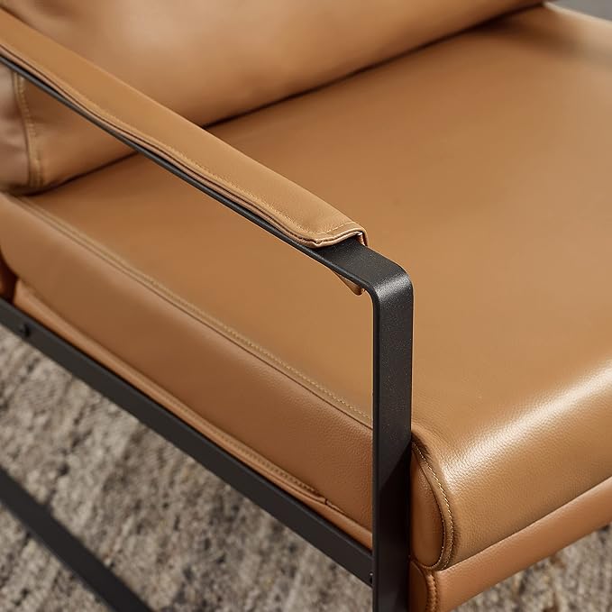Volans Mid Century Modern Genuine Leather Accent Chair with Arms for Living Room, Metal Frame Armchair Reading Chair, Lounge Chair Single Sofa for Bedroom Office, Brown