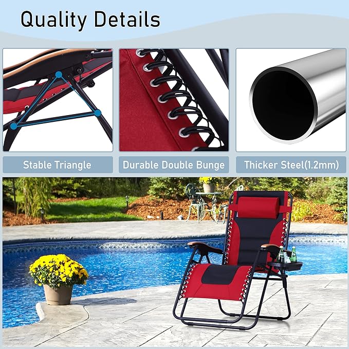 PHI VILLA XXL Oversized Padded Zero Gravity Chair Set of 2, Foldable Patio Recliner, 30" Wide Seat Anti Gravity Lounger with Armrest and Cup Holder, Support 400 LBS (Red)