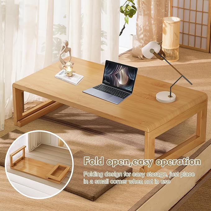 Japanese Floor Table Tea Table Low Coffee Table Bamboo Versatile Folding Design for Tatami Home,Office,Living Room (Original Wood Color, 47.24" Dx 19.68" W x11.8 H)