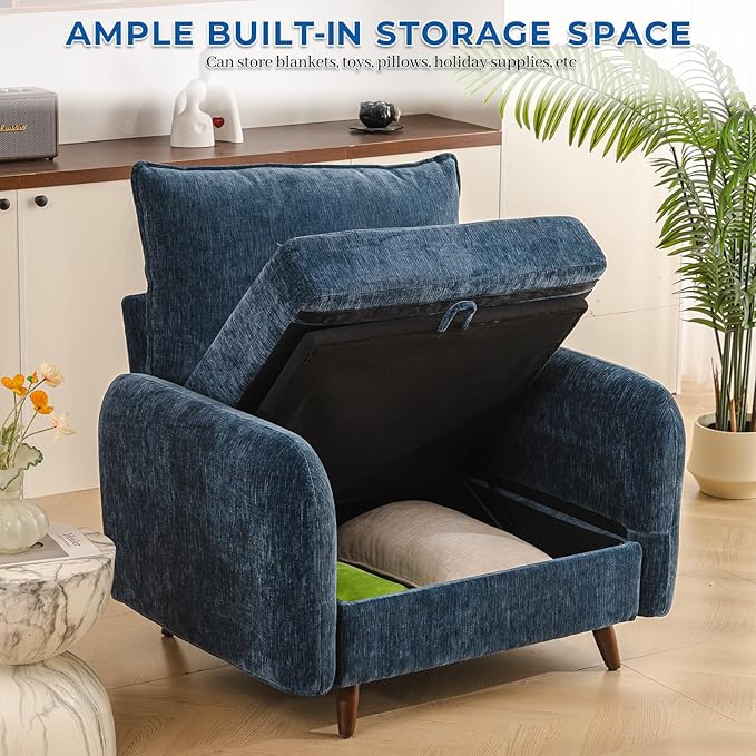 Oversized Accent Chair with Seats Storage,Comfy Living Room Chairs with 2 Throw Pillow,Upholstered Mid-Century Armchair,24.5'' Deep Seat,Big Reading Chair for Bedroom,Office,Chenille,Blue