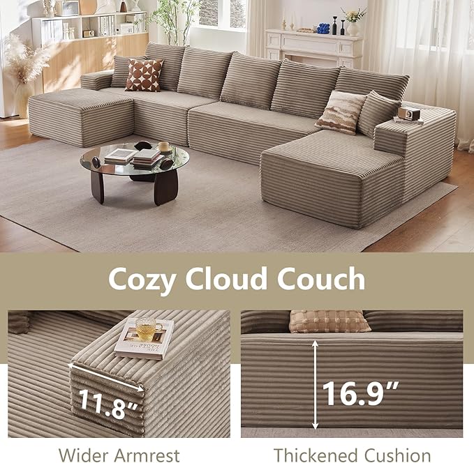 Lakifun 166.9" U-Shape Cloud Couch, Modern Modular Sectional Comfy L-Shape Sofa with Ottoman, Deep Seat, Upholstered Corduroy Sleeper Chaise Longue for Living Room Bedroom, No Assembly Required, Camel