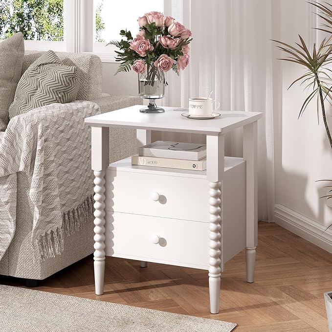 White Nightstand, Vintage Night Stand with Charging Station, Bedside Table with Drawers, End Table with Solid Wood Legs, Bed Side Tables for Bedroom, White