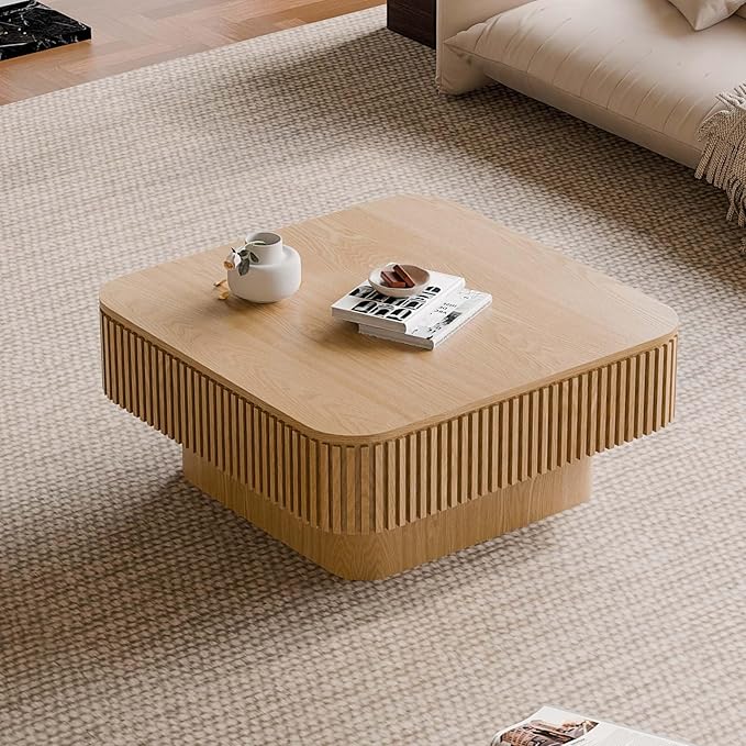FGXJY Square Small Coffee Table with Storage, Modern Wooden Coffee Table with Solid Wood Veneered, Fluted Center Table Drum Tea Table for Living Room Apartment, 31.5''L×31.5''W×14''H