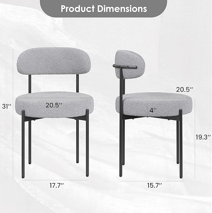 Farini Dining Chairs Set of 4,Mid-Century Modern Kitchen Chair Curved Backrest Round Upholstered Sherpa Dining Chairs with Metal Legs,Grey
